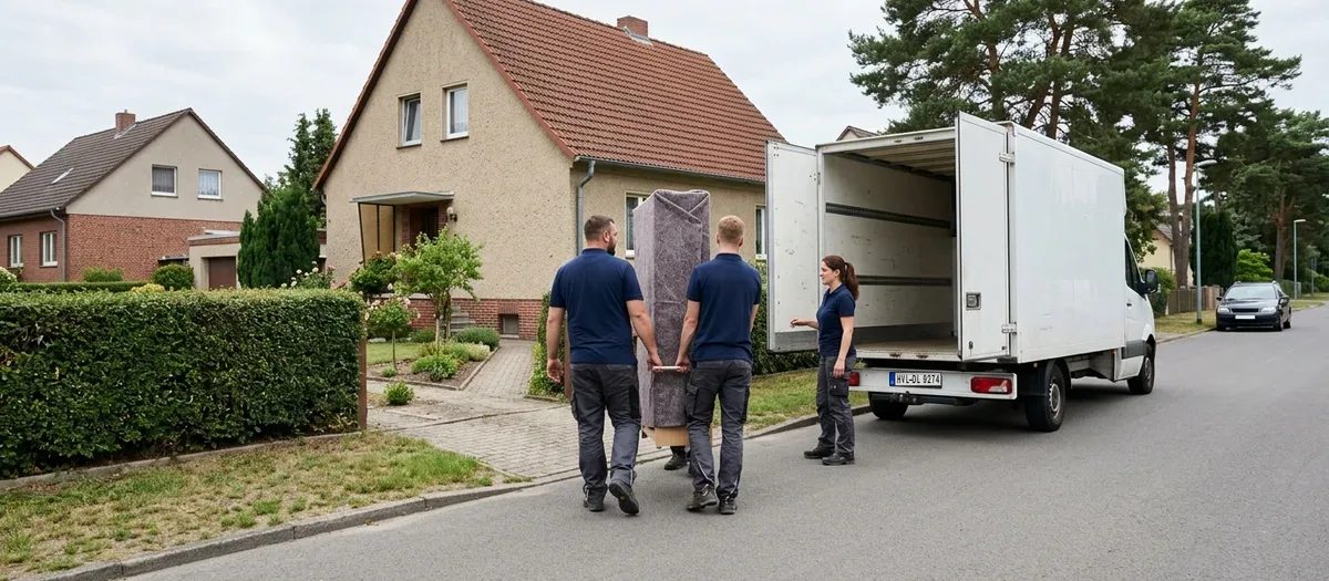 Umzugswagen steht vor einem freistehenden Einfamilienhaus an einer breiten, asphaltierten Anliegerstraße, zwei Kräfte tragen einen Schrank über den Vorgartenweg