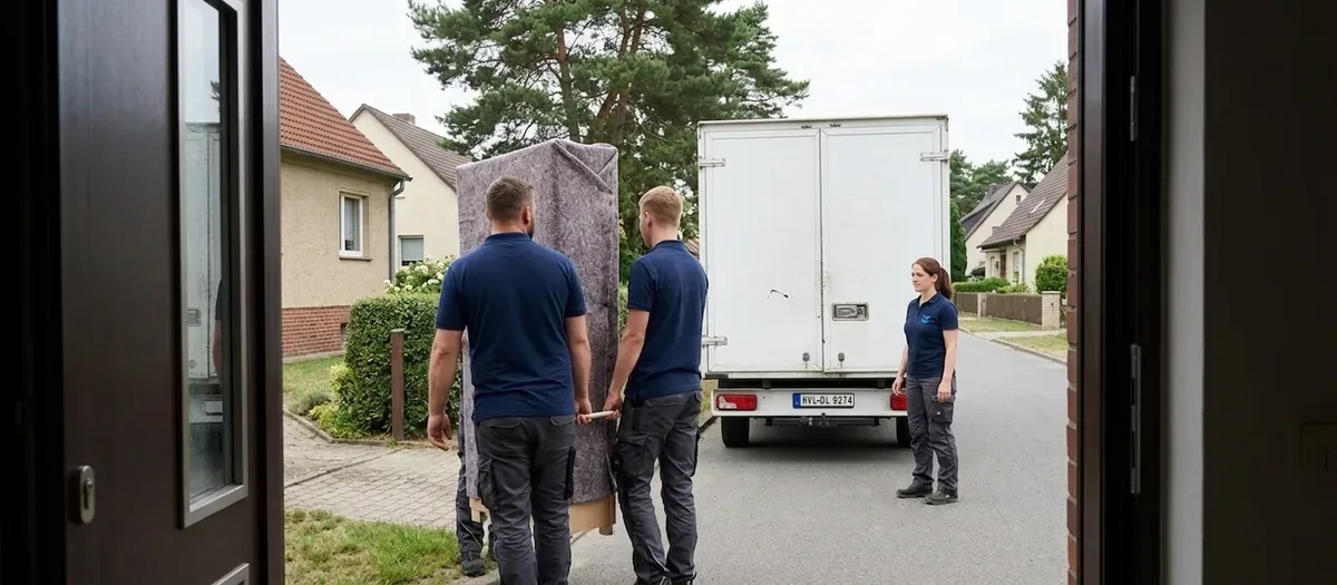 Zwei Umzugskräfte tragen einen abgedeckten Schrank aus einer Haustür zum wartenden Umzugswagen im Vorgarten